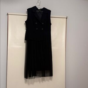 Sleeveless Black Tulle Midi Dress with Blazer Bodice